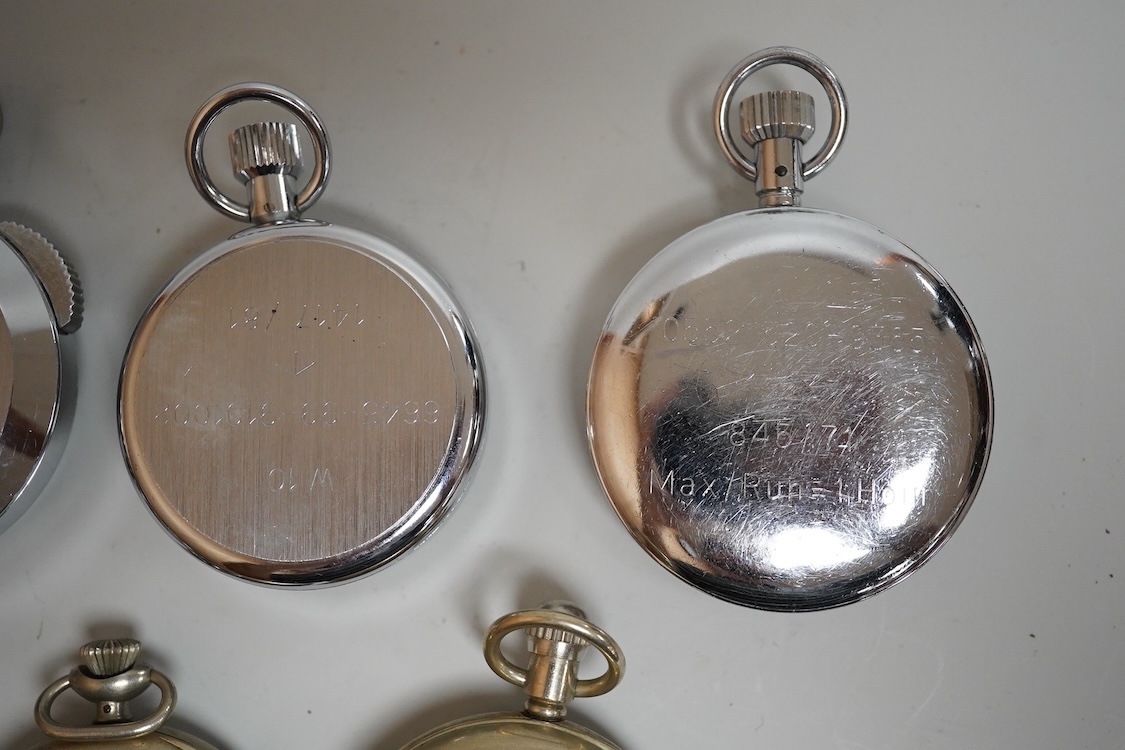 Seven assorted mainly late 20th century base metal cased military stopwatches, including three CWC and a Nero Lemania.